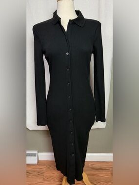 GAP Ribbed Black Polo Shirt Dress XS Button Front Stretch Long Sleeve Midi